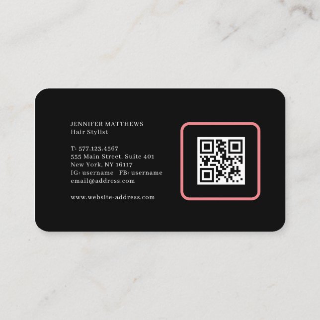 Modern glam pink neon hair script logo qr code  business card (Back)
