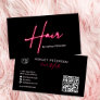 Modern glam pink neon hair script logo qr code business card