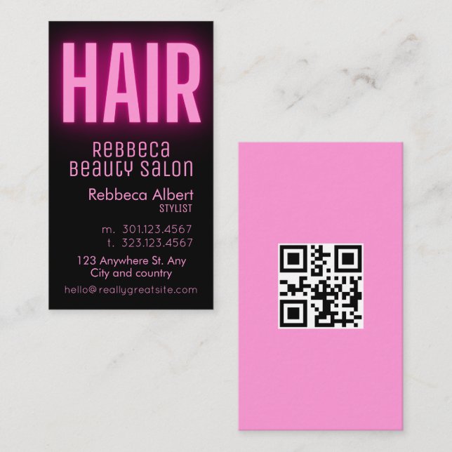 Modern glam pink neon hair script logo qr code business card (Front/Back)