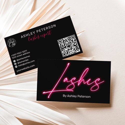 Modern glam pink neon lashes script logo qr code business card