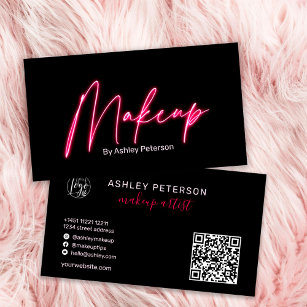 Modern glam pink neon makeup script logo qr code business card