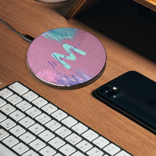 Modern Glam Pink Purple Teal Metallic Name Initial Wireless Charger