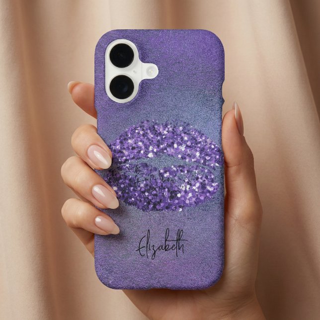 Modern Glam Purple Glitter Lipstick Kiss Imprint iPhone Case (Creator Uploaded)