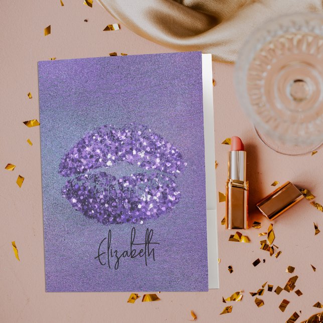 Modern Glam Purple Glittery Kiss Lipstick Imprint Pocket Folder (Creator Uploaded)