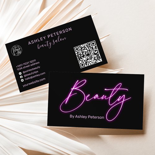 Modern glam purple neon beauty script logo qr code business card