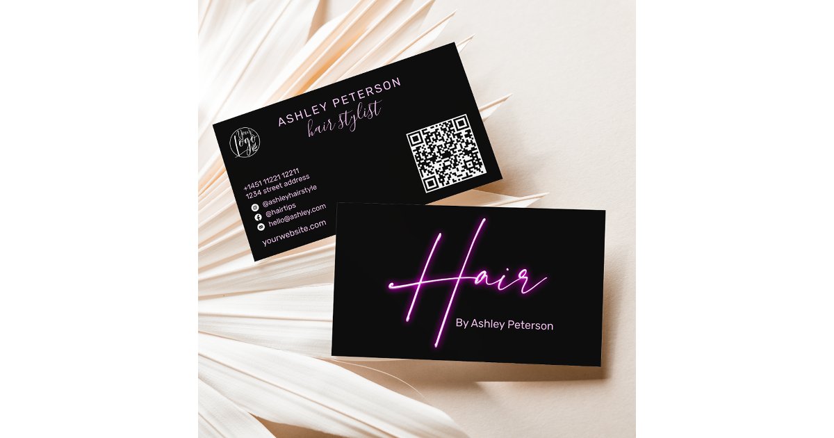 Modern glam purple neon hair script logo qr code business card | Zazzle