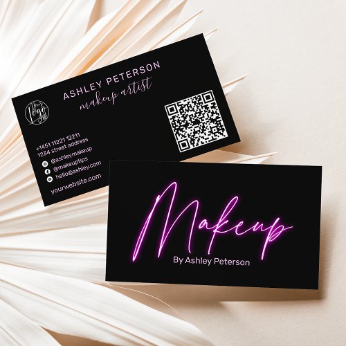Modern glam purple neon makeup script logo qr code business card