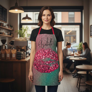 Modern Glam Red Glittery Kiss Lipstick Imprint Apron