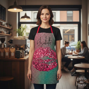 Modern Glam Red Glittery Kiss Lipstick Imprint Apron