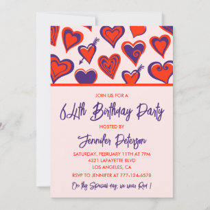 Modern Glam Red Pink Heart 64th birthday Invitation