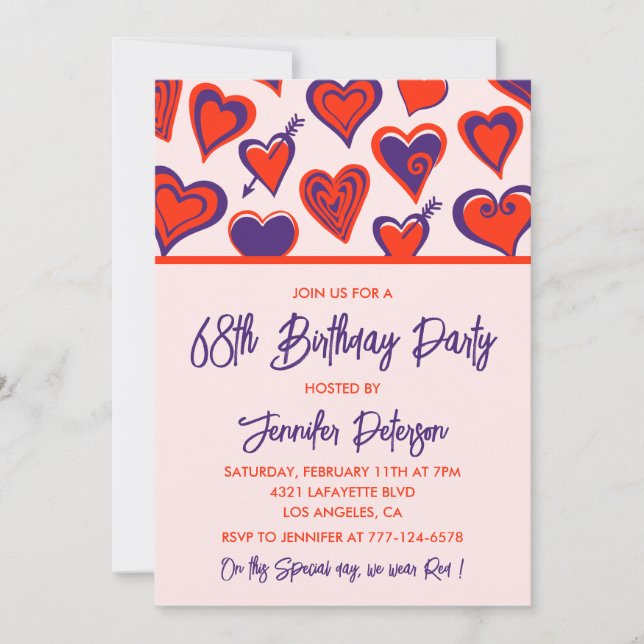 Modern Glam Red Pink Heart 68th birthday Invitation (Front)