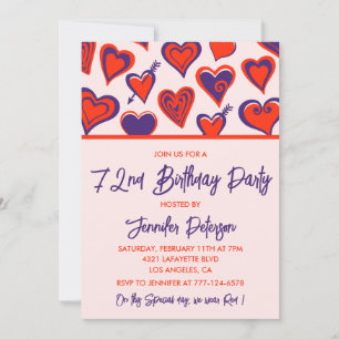 Modern Glam Red Pink Heart 72nd birthday Invitation