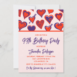 Modern Glam Red Purple Hearts 99th birthday Invitation