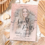Modern glam rose gold glitter ombre photo Sweet 16 Invitation<br><div class="desc">A modern, pretty and glam faux rose gold glitter shower ombre with soft pastel blush pink color block Sweet 16 birthday party invitation with your custom photo with rose gold ombre pattern fading onto a pastel blush pink background. Perfect for a princess Sweet sixteen with a modern elegant brush font...</div>