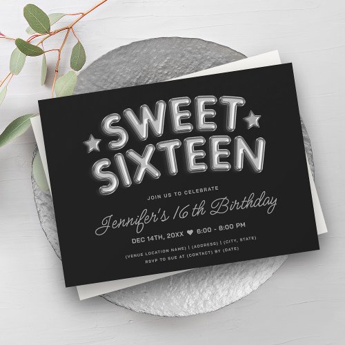 Modern Glam Silver Balloons Black Sweet 16   Invitation