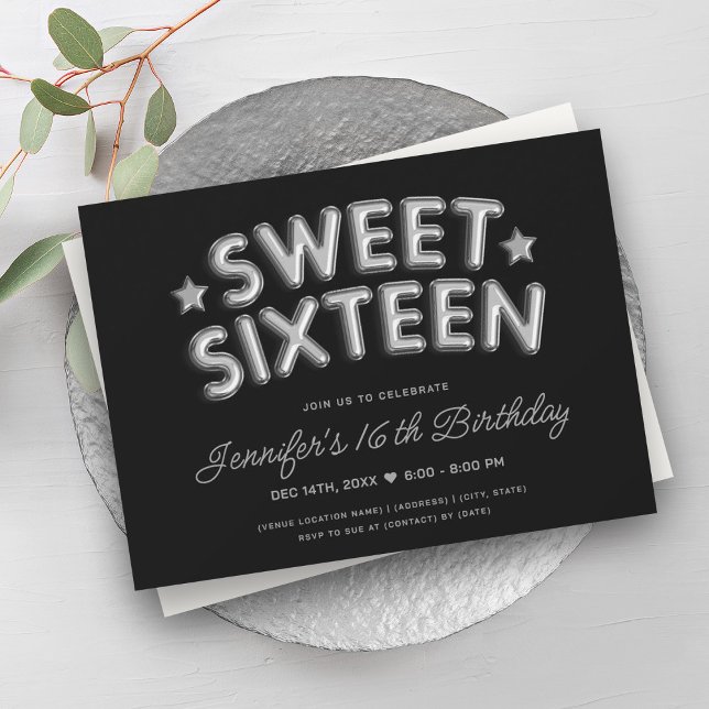 Modern Glam Silver Balloons Black Sweet 16   Invitation (Modern Glam Silver Balloons Black Sweet 16 Invitation)