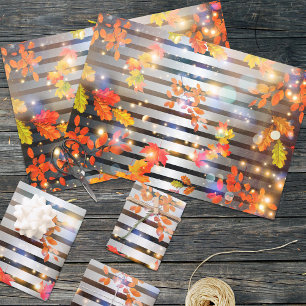 Modern Glam Silver Stripe Autumn Leaves Fall Wrapping Paper Sheets