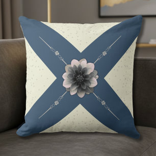 Modern Glam Slate Blue and Cream Dahlia Floral Throw Pillow