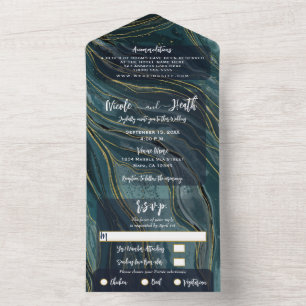 Modern Glam Teal Blue Green Gold Wedding Photo All In One Invitation