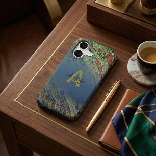 Modern Glam Teal Emerald Green Gold Agate Monogram iPhone 17 Case