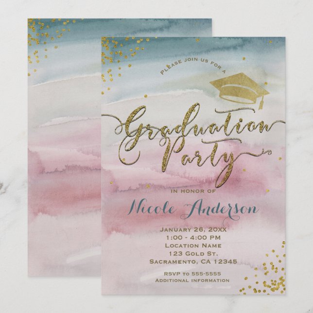 Modern Glam Watercolor & Gold Dot GRADUATION Party Invitation (Front/Back)