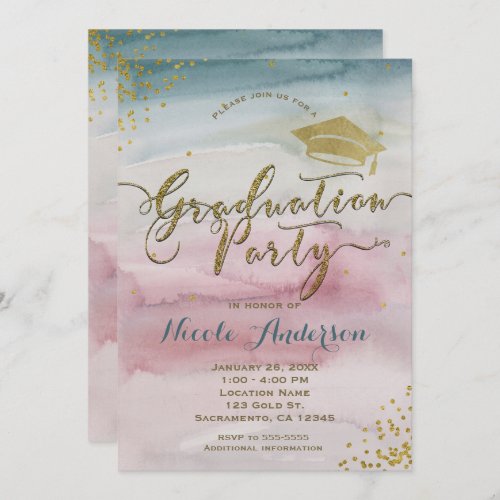 Modern Glam Watercolor  Gold Dot GRADUATION Party Invitation