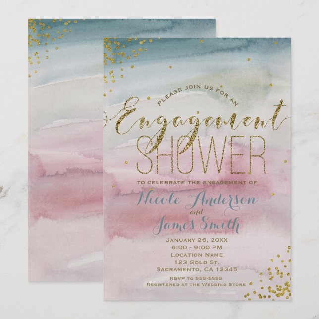 Modern Glam Watercolor Gold ENGAGEMENT SHOWER Invitation (Front/Back)