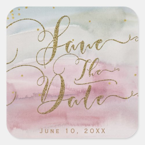 Modern Glam Watercolor Gold Save the Date Wedding Square Sticker