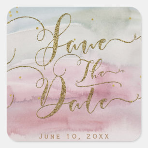 Modern Glam Watercolor Gold Save the Date Wedding Square Sticker