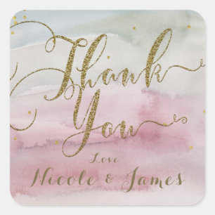 Modern Glam Watercolor Gold Thank You Favor Square Sticker