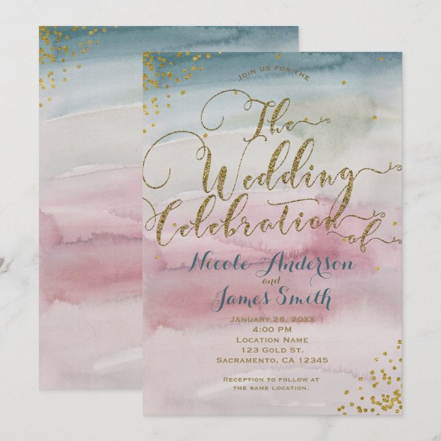 Modern Glam Watercolor Gold Wedding Celebration Invitation (Front/Back)