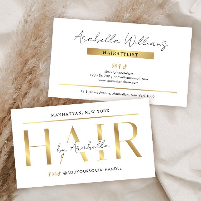 Modern Glam White & Gold Chic Hair Stylist Salon Business Card (Elegant hair business cards with faux gold effects, modern layout and space for your contact info)