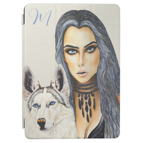 Modern Glam Woman  Husky Wolf Dog Monogram iPad Air Cover