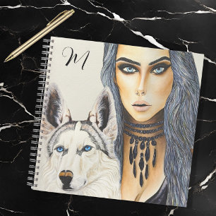 Modern Glam Woman & Husky Wolf Dog Monogram Notebook