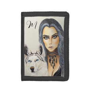 Modern Glam Woman & Husky Wolf Dog Monogram Tri-fold Wallet