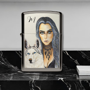 Modern Glam Woman & Husky Wolf Dog Monogram Zippo Lighter
