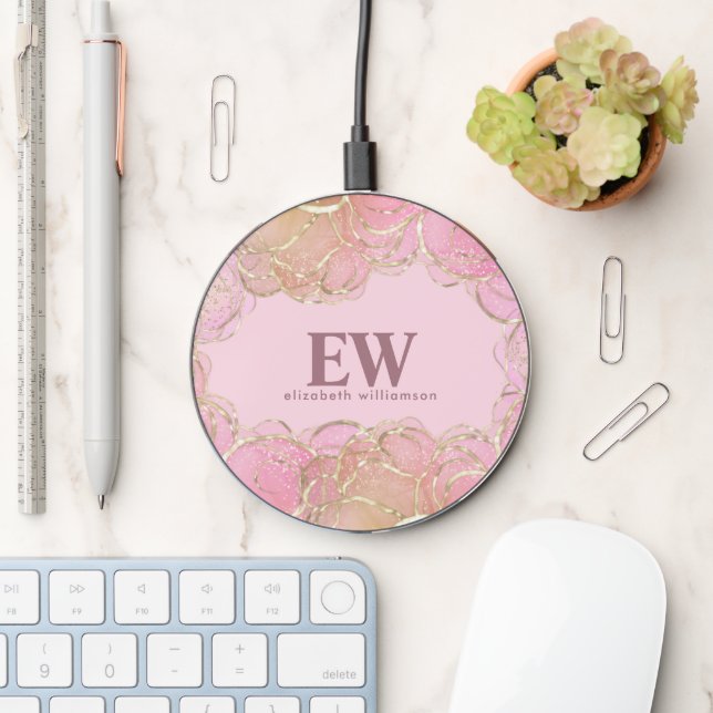 Modern Glamorous Elegant Monogram Pink Faux Gold Wireless Charger (Desk)