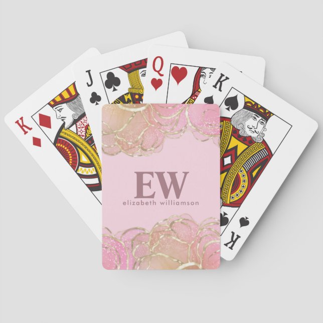 Modern Glamorous Elegant Monogram Pink Gold Girly Poker Cards (Back)