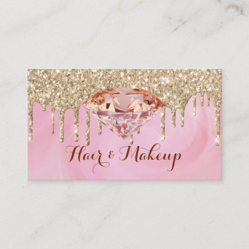 Modern Glamorous Gold Glitter Drips Pink Diamond Business Card