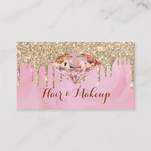 Modern Glamorous Gold Glitter Drips Pink Diamond Business Card (Front)