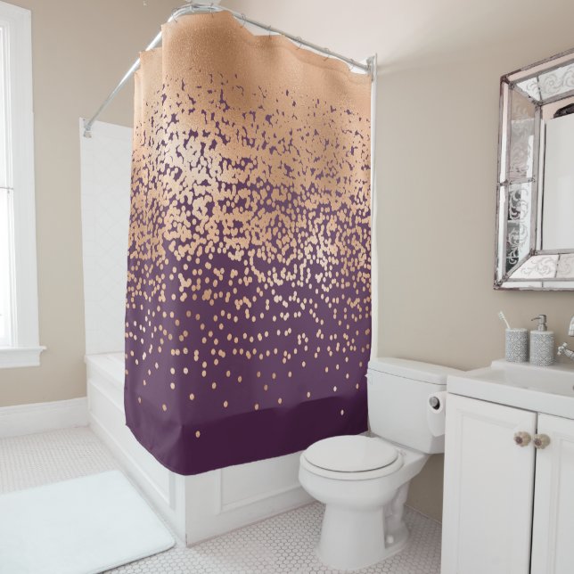 Modern Glamorous Gold Purple Polka Dot Gradient Shower Curtain (In Situ)