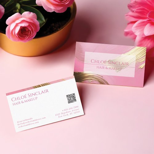 Modern Glamorous Hair  Makeup Artist Gold  Pink Business Card