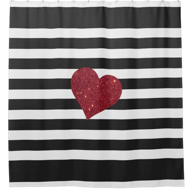 Modern Glamorous Red Faux Glitter Heart Stripes Shower Curtain (Front)