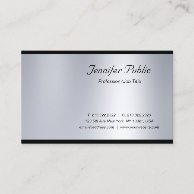Modern Glamour Script Silver Luxury Fashionable Business Card (Front)