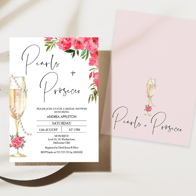 Modern Glass Peonies Pearls Prosecco Bridal Shower Invitation (Modern Red Floral Pearls and Prosecco Bridal Shower Invitation, Champagne Glass and Pearls Bridal)