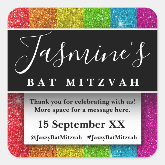 Modern Glitter Birthday Party Favors Thank You Square Sticker (Front)