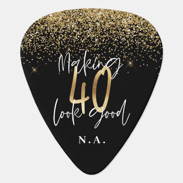 Modern glitter black and gold 40th birthday guitar pick (Front)