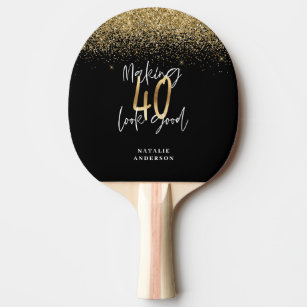 Modern glitter black and gold 40th birthday ping pong paddle