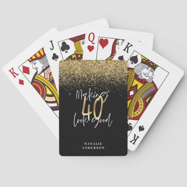 Modern glitter black and gold 40th birthday poker cards (Back)