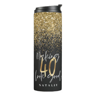 Modern glitter black and gold 40th birthday thermal tumbler